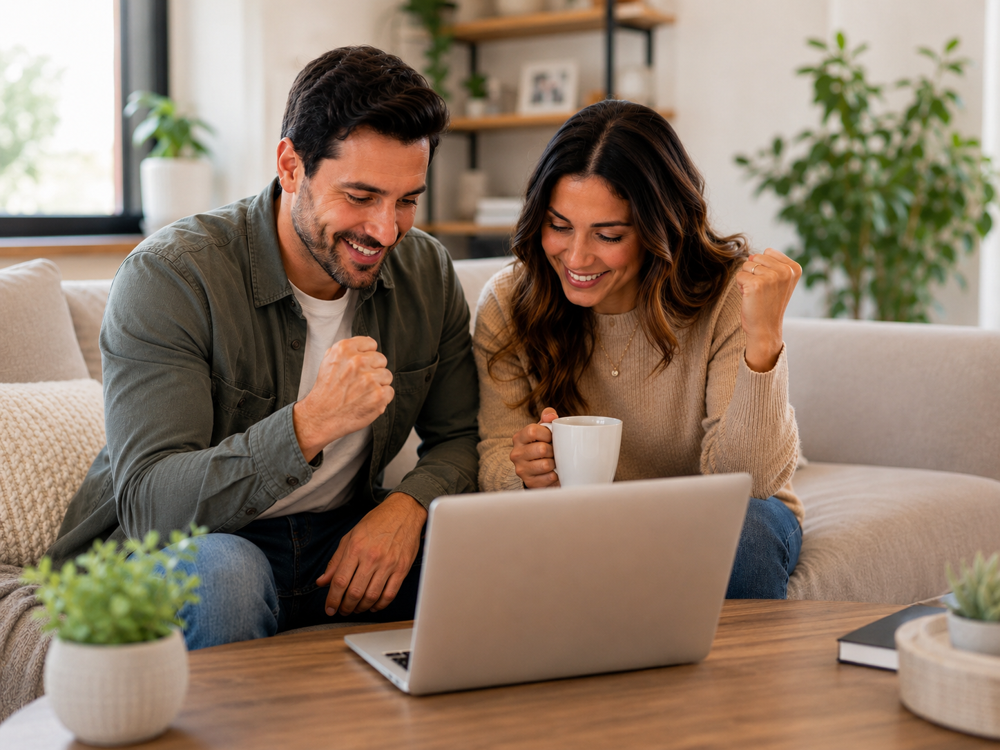 Couple smiling with relief after reviewing their funding options
